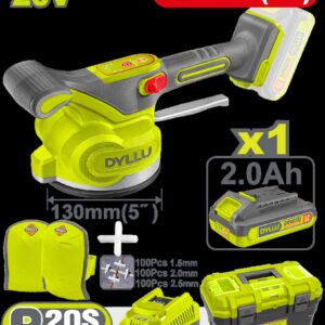 VIBRADOR DE BALDOSA INALAMBRICA 20V CON VENTOSA CAP 50KG INCLUYE 1 PAR DE RODILLERAS, SEPARADORES DE BALDOSA (1.5-2.0-2.5), 1 BATERIA 2.0AH , CARGADOR Y CAJA HERRAMIENTA INDUSTRIAL DYLLU (UDTTVM1D125)