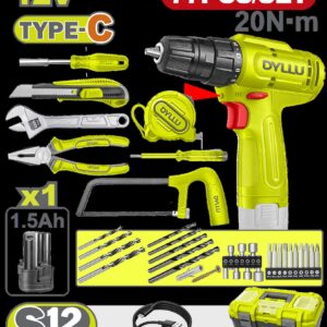 TALADRO INALAMBRICO 3/8 (10MM) 12V + KIT DE HERRAMIENTAS 77 PZS DYLLU (DTDT4B77)