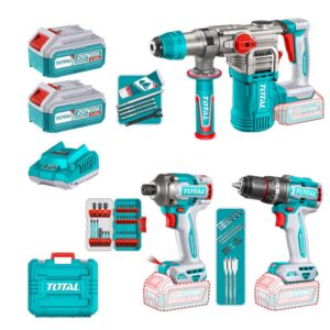 COMBO INALAMBRICO 20V TALADRO PERCUTOR 1/2" 96 NM + ATORNILLADOR DE IMPACTO 1/4" 285 NM + TALADRO ROTOMARTILLO SDS PLUS 4.5 JULES INCLUYE 2 BATERIA 5.0AH , 1 CARGADOR Y ACCESORIOS INDUSTRIAL SUPER TOTAL (UTOSLI250693)