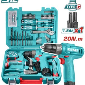 TALADRO INALAMBRICO 3/8 12V 20NM + BATERIA 1.5AH + KIT DE HERRAMIENTAS 128 PZS SUPER TOTAL (THKTHP11292)