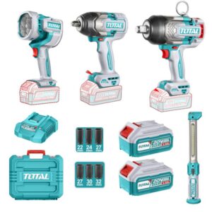 COMBO INALAMBRICO 20V PISTOLA IMPACTO INALAMBRICA 3/4 1350NM + PISTOLA IMPACTO INALAMBRICA 1/2 850NM+LAMPARA DE TRABAJO 2000 LM + LAMPARA DE TRABAJO 300 LM INCLUYE 2 BATERIAS 5.0AH , CARGADOR Y ACCESORRIOS INDUSTRIAL SUPER TOTAL (UTOSLI250782)