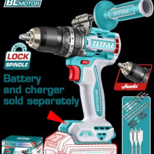 TALADRO DE IMPACTO INALAMBRICO 1/2 96NM 20V INCLUYE MANGO AUXILIAR Y 11 ACCESORIOS, BATERIA CARGADOR SE VENDE POR SEPARADO, INDUSTRIAL SUPER TOTAL (TIDLI209685)