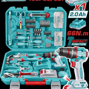 TALADRO PERCUTOR INALAMBRICO 1/2" 20V 66NM + 1 BATERIA 2.0AH + CARGADOR + 163 HERRAMIENTAS INDUSTRIAL SUPER TOTAL (UTHKTHP41667)