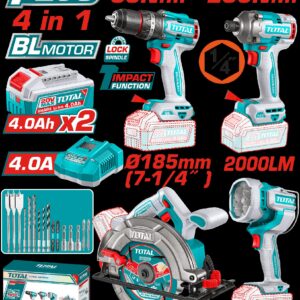 COMBO INALAMBRICO 20V TALADRO PERCUTOR 1/2" 86NM + ATORNILLADOR DE IMPACTO 1/4" 285NM + SIERRA CIRCULAR 7-1/4" + LAMPARA DE TRABAJO 2000 LUMENES + 2 BATERIAS 4.0AH + CARGADOR INCLUYE ACCESORIOS (UTOSLI251082)