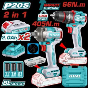 COMBO INALAMBRICO TALADRO 1/2" 66 N.M + PISTOLA IMPACTO 1/2" 20V 405 N.M INCLUYE 2 BATERIAS 2.0AH , 1 CARGADOR Y ACCESORIOS SUPER TOTAL (UTCKLI20286)