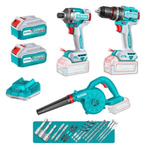 COMBO INALAMBRICO 20V TALADRO PERCUTOR 1/2 86NM+ ATORNILLADOR DE IMPACTO 1/4 285NM + SOPLADOR + 2 BATERIAS 2.0AH Y CARGADOR INCLUYE ACCESORIOS INDUSTRIAL SUPER TOTAL(UTOSLI250883)