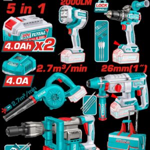 COMBO INALAMBRICO 20V TALADRO ROTOMARTILLO 1" 20V SDS PLUS 2,5 JULES + DEMOLEDOR SDS HEX 16JULES + SOPLADORA + TALADRO DE IMPACTO 1/2" 96NM + LAMPARA DE TRABAJO 2000 LUMENES + 2 BATERIAS 4.0AH + CARGADOR INCLUYE ACCESORIOS (UTOSLI251083)