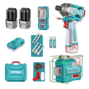 COMBO INALAMBRICO 16V ATORNILLADOR DE IMPACTO 1/4 170NM + METRO LASER 100M + NIVEL LASER 35M LUZ VERDE + BATERIAS 2.0AH Y CARGADOR INCLUYE ACCESORIOS INDUSTRIAL SUPER TOTAL (UTOSLI250886)