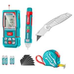 KIT PROBADOR DE CORRIENTE 12V-1000V + MEDIDOR DE DISTANCIAS LASER 100MTS + METRO 5 MTS + BISTURI NAVAJA 19X 61MM INDUSTRIAL INCLUYE 6 HOJAS DE REPUESTO INDUSTRIAL SUPER TOTAL (TOS250701)