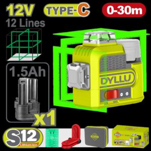 NIVEL LASER 0-30M 12V LUZ VERDE 3D 12 LINEAS RECARGABLE TIPO USB-C DYLLU (DTLE8M12)