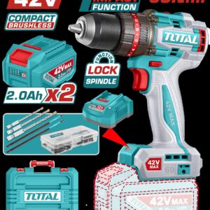 TALADRO DE IMPACTO INALAMBRICO 1/2 42V 69NM INCLUYE 2 BATERIA DE 2.0AH, CARGADOR,47 ACCESORIOS,3 BROCAS CONCRETO y 2 PUNTAS DESTORNILLADOR INDUSTRIAL SUPER TOTAL (UTIDLI426982)