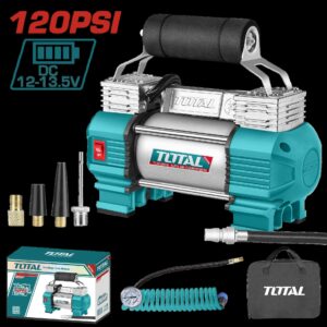 COMPRESOR MINI 20V 120 PSI 8.27BAR INCLUYE 4 ADAPATADORES PARA CARRO BATERIA Y CARGADOR SE VENDEN POR SEPARADO INDUSTRIAL SUPER TOTAL (TTAC2506)